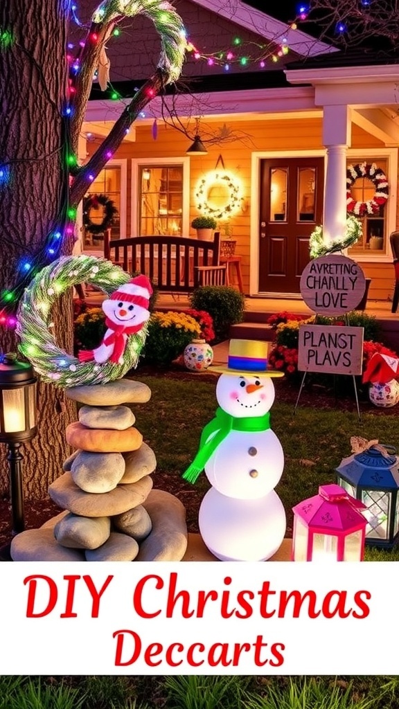 A decorated outdoor space with DIY Christmas decorations including lights, wreaths, and a snowman.